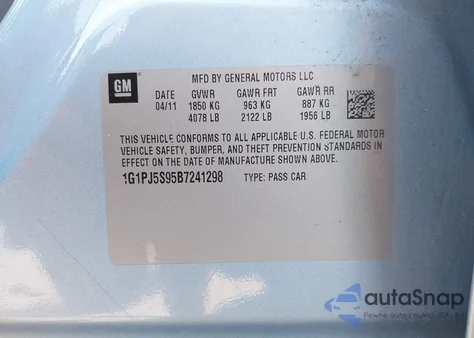 2011 Chevrolet Cruze Eco из США, поврежденный, VIN 1G1PJ5S95B7241298